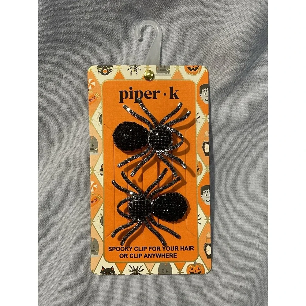 NEW Piper K - Black Colored Metal Hair Clips - Halloween Rhinestone Spiders